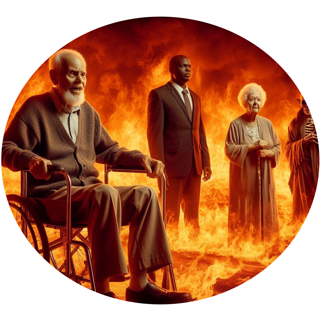 Elderly in wheelchairs amidst flames