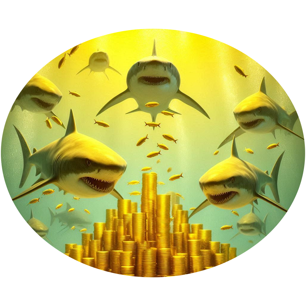 Predatory sharks circling gold coins